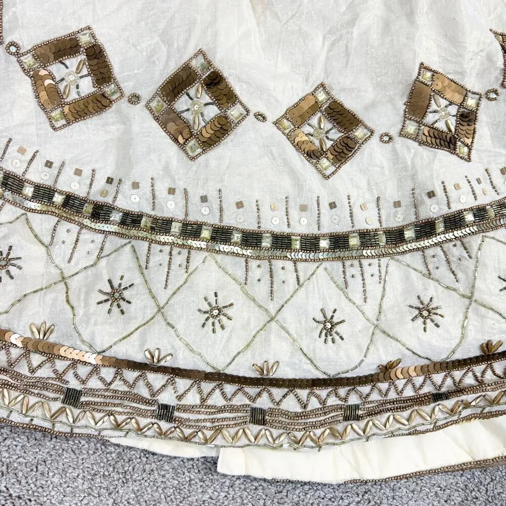 Kim Seybert Cream & Gold Beaded Christmas Tree Skirt Sequin Accent EUC